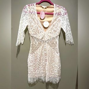 NWT LUXXEL White Lace Boho Nude Bodycon Cutout Sexy Classy Wedding Bridal